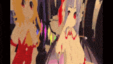 two anime girls are standing next to each other and one has red eyes