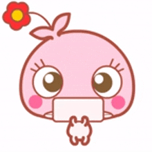 a pink cartoon whale with a flower on its head is holding a sign that says ' a ' on it .