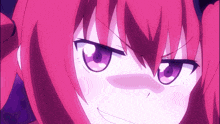 a girl with red hair and purple eyes is making a funny face