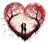 a painting of a man and woman standing under a heart shaped tree