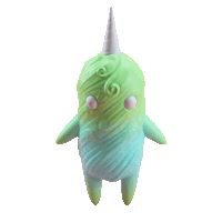 a green and blue toy with a white horn