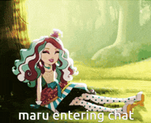 a cartoon of a girl sitting under a tree with the text maru entering chat