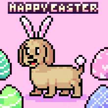 a pixel art of a dog with bunny ears and the words happy easter