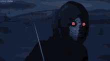 a drawing of a skeleton with red eyes and a sword with the name zachary-stefou below it