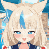 a close up of a blonde anime girl with blue eyes and cat ears