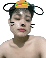 a boy with a hamburger on his head and ears