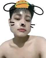 a boy with a hamburger on his head and ears