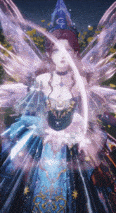 a woman in a blue dress and a blue hat is holding a wand