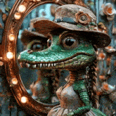 a statue of a crocodile wearing a hat and a dress looks at itself in a mirror