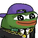a cartoon frog is wearing a purple hat and a gold chain .