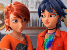 two cartoon characters are standing next to each other with one wearing a tie dye shirt