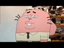 a cartoon character with a tie is standing in front of a shoe rack