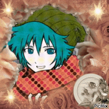 a picture of a boy with blue hair wearing a green hat and a scarf
