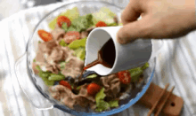 salad pour dressing chopsticks meat