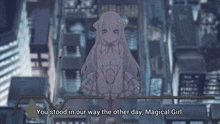a cartoon of a girl with the words " you stood in our way the other day magical girl " above her