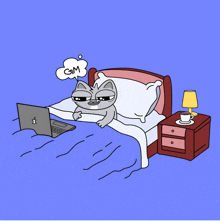a cartoon of a cat laying on a bed with a laptop and a speech bubble saying gim