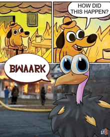 a cartoon of a dog sitting at a table with a speech bubble saying bwaark