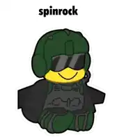 a sticker of a soldier with the name spinrock on it