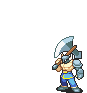 a pixel art of a man holding an axe in his hand .