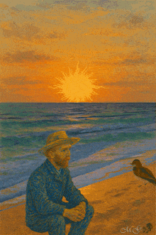 a painting of a man sitting on a beach with the letters mg on the bottom right