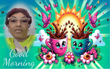 a good morning greeting card with three cups of coffee