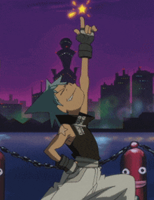 a cartoon character with a star on his chest is pointing up at a star