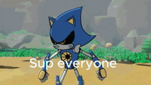 a cartoon of sonic the hedgehog holding a green emerald and the words `` sup everyone '' behind him .