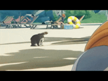 a penguin is standing on a sandy beach with people sitting in chairs in the background