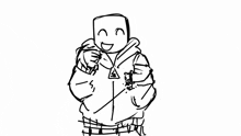 a black and white drawing of a person in a hoodie with a smiley face on their face .