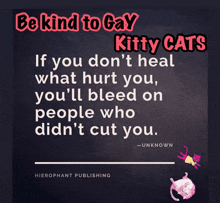 a poster that says be kind to gay kitty cats on the top