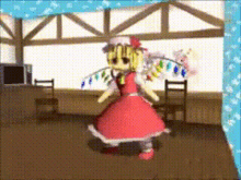 a cartoon character in a red dress is dancing in a room .