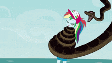 a cartoon drawing of a girl being eaten by a large snake