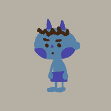 a drawing of a blue monster with horns on his head
