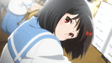 a girl with red eyes and a bow on her hair is looking over her shoulder