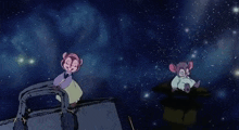 a cartoon of a girl and a mouse looking up at the stars