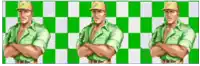 three men are standing with their arms crossed on a green and white checkered background .
