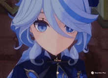 a close up of a blue haired anime girl with blue eyes .