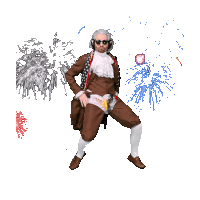 a man in a historical costume stands in front of fireworks