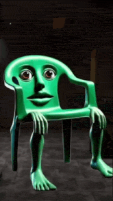 a green chair with a cartoon face and legs