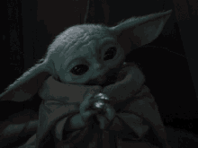 a baby yoda is holding a small object in his hands