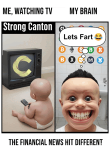a baby in a diaper sitting in front of a tv with the letter c on it and a man making a funny face