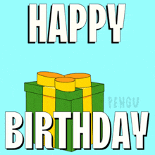 a birthday card with a penguin in a gift box