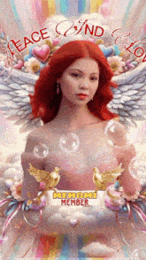 a painting of a woman with wings and the words peace and love on it