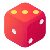 a red dice with three yellow dots on the sides