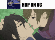 a picture of two anime characters kissing with the words hop on vc above them