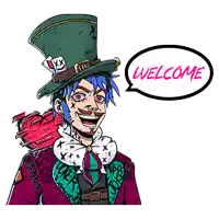 a mad hatter with a speech bubble saying welcome