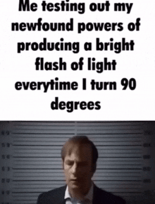 a man in a suit stands in front of a police lineup and says me testing out my newfound powers of