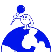 a cartoon character standing on top of a blue globe holding a blue ball