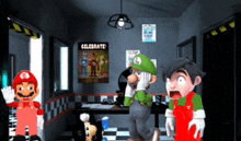 a group of cartoon characters are standing in a room with a celebrate poster on the wall