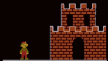 a video game character is shooting a laser at another character in front of a brick wall